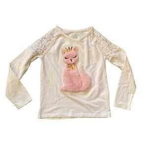 Purrfect kitty fur princess applique raglan lace‎ sleeves white tee Girls 5/6